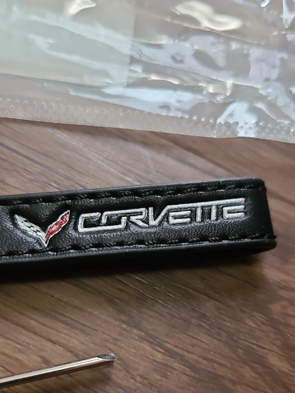 NEW! Black Leather Corvette Keychain Strap with Metal Clip